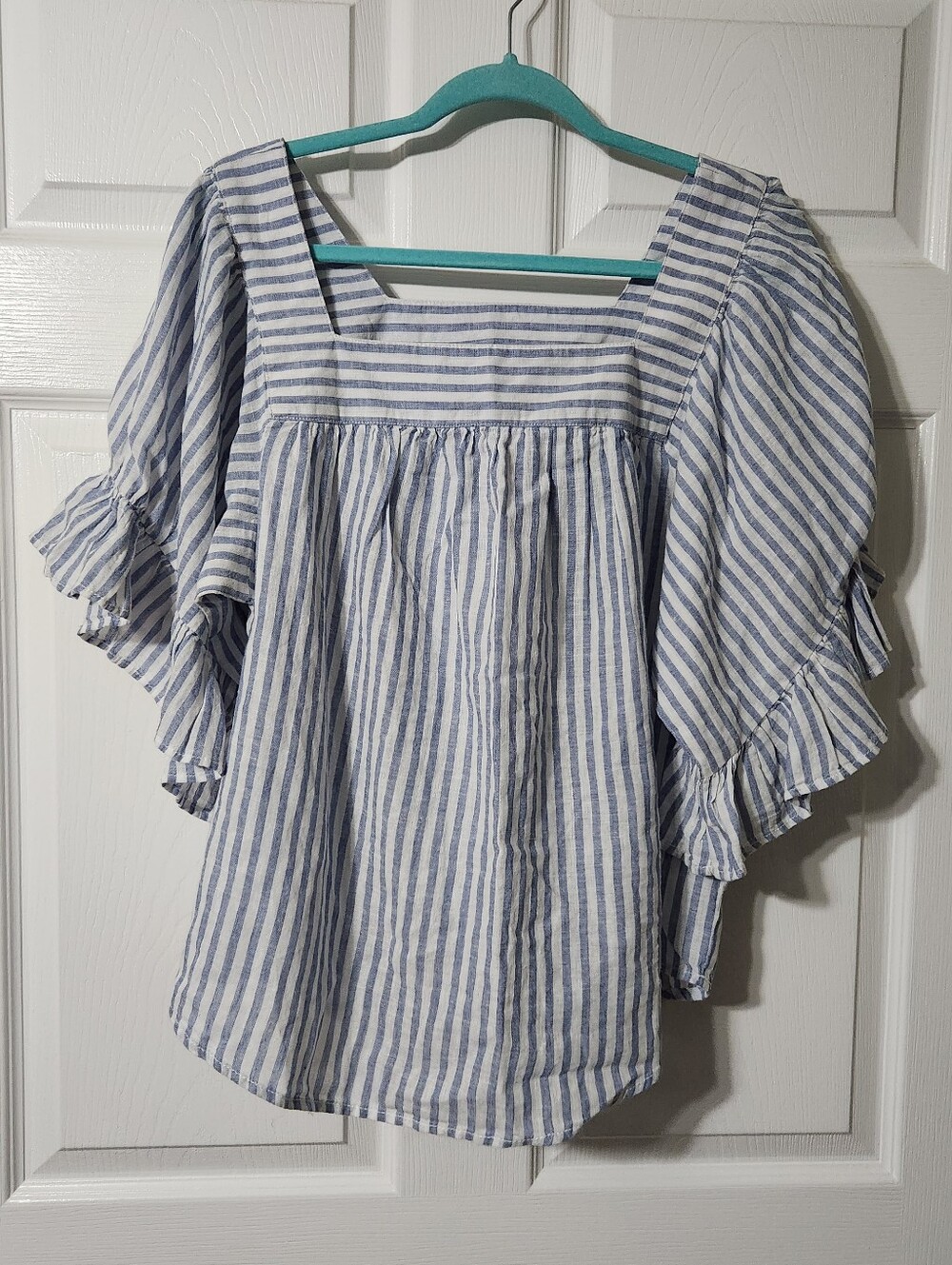 beachlunchlounge Naomi Linen Blend Blue & White Striped Square Neck Top, Size XL